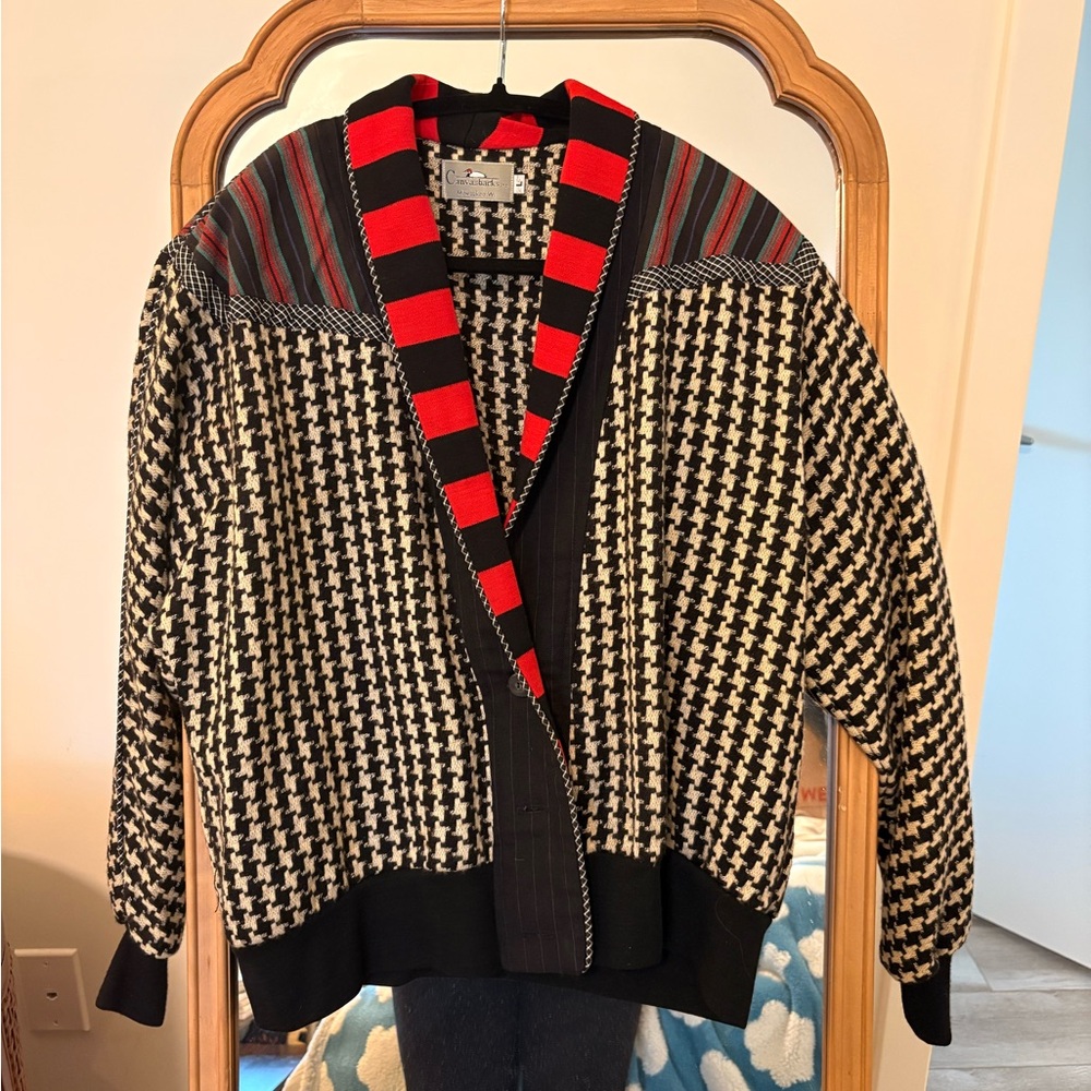 Badger - Black and White Houndstooth Cardigan with Red Accents